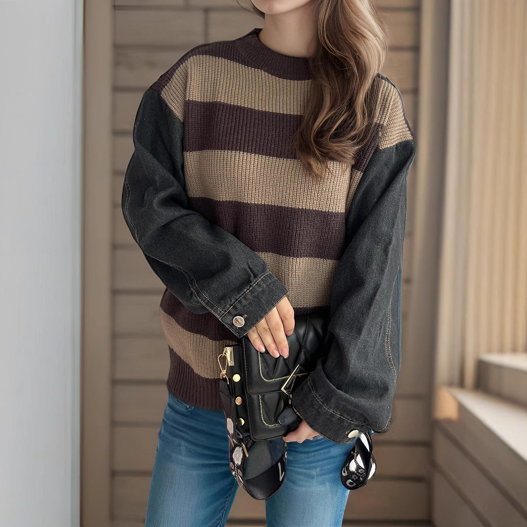 Damen Oversized Pullover Gestreift Weicher Baumwollmix Beige