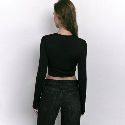 Damen Langarmshirt Cropped mit Cut-Out und Ringdetails