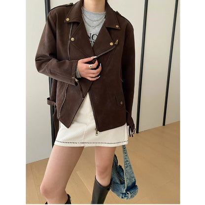 Damen Bikerjacke Kunstleder Asymmetrischer Reißverschluss