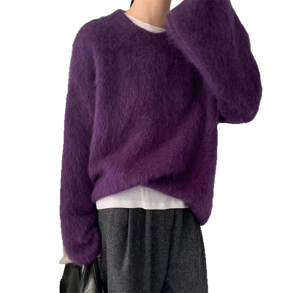 Damen Oversized Pullover Mohair-Wolle Flauschig Beige