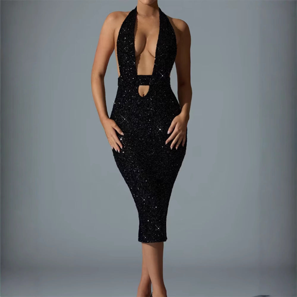 Damen Pailletten-Midi-Kleid V-Ausschnitt Figurbetonter Schnitt