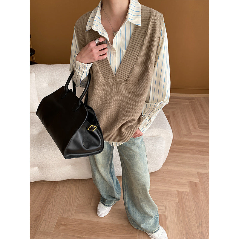 Damen Strickweste V-Ausschnitt Rippdetails Beige