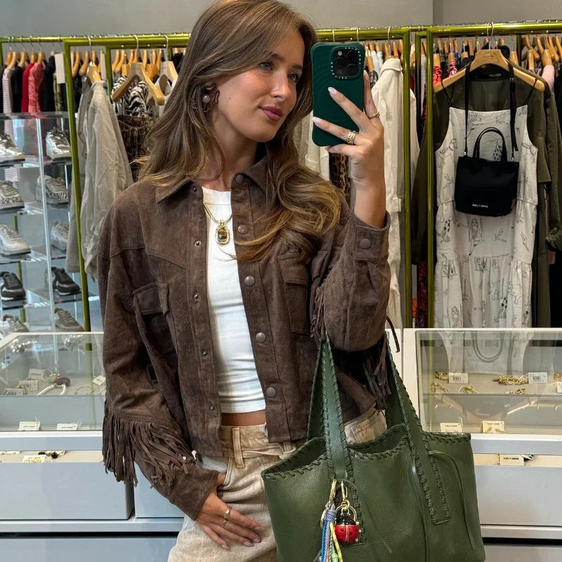 Damen Velourslederjacke mit Fransen Schwarz - Norvielle