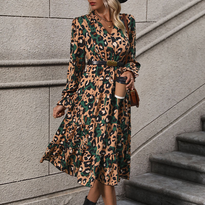 Damen Midi-Kleid Leopardendruck Voluminöser Rock
