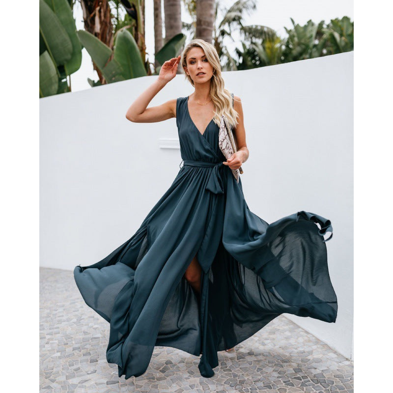 Damen Maxikleid V-Ausschnitt Faltenlegung Norvielle