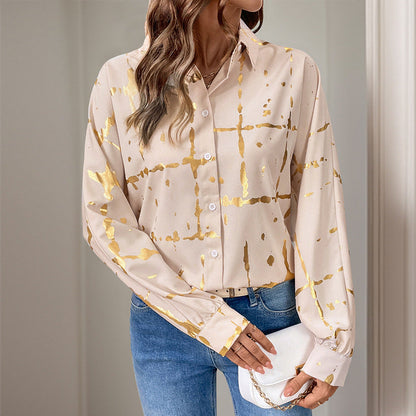 Damen Bluse Elegantes Goldmuster Langer Ärmel