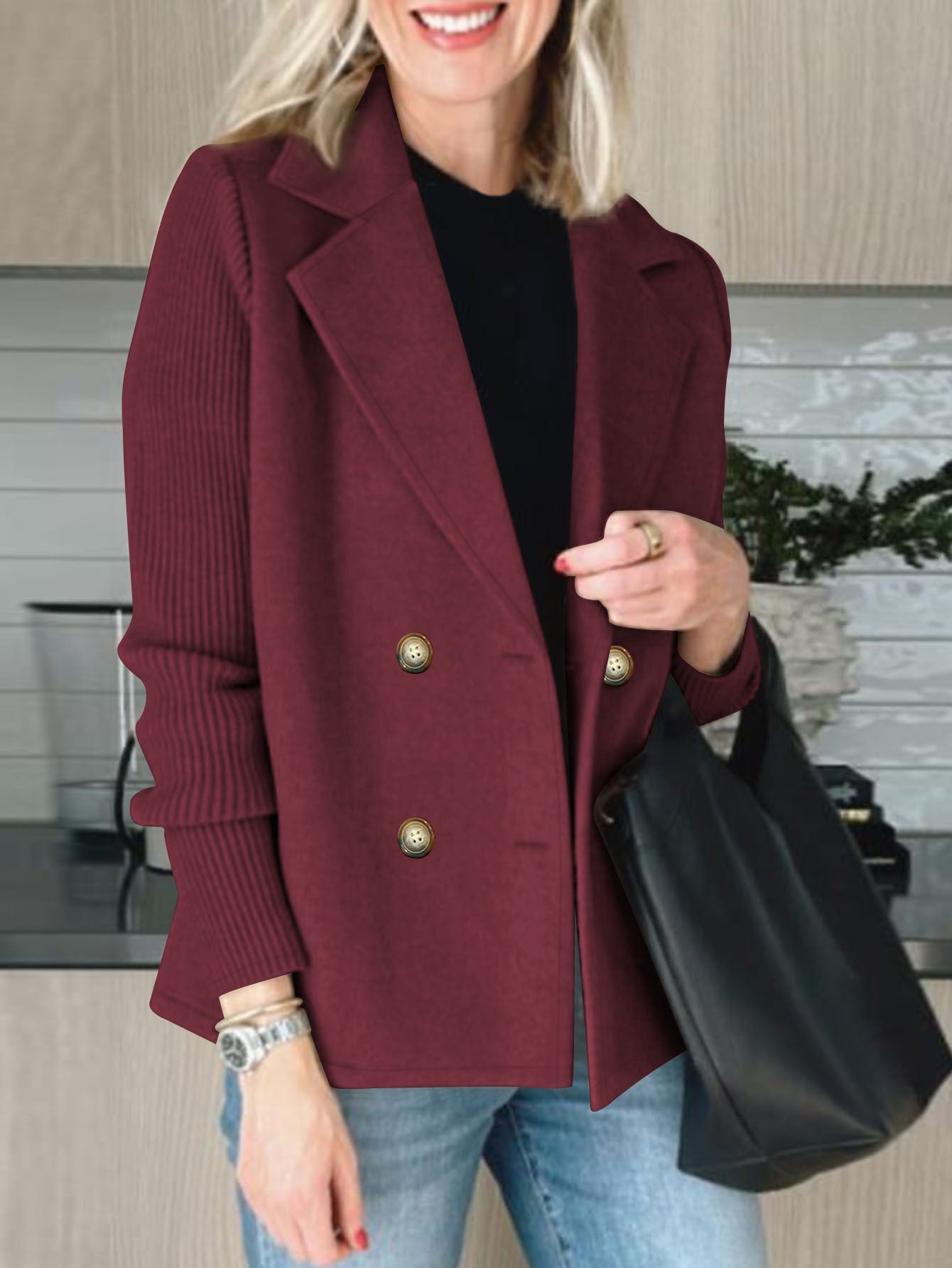 Damen Oversized Blazer Doppelter Knopfleiste Strukturierte Ärmel
