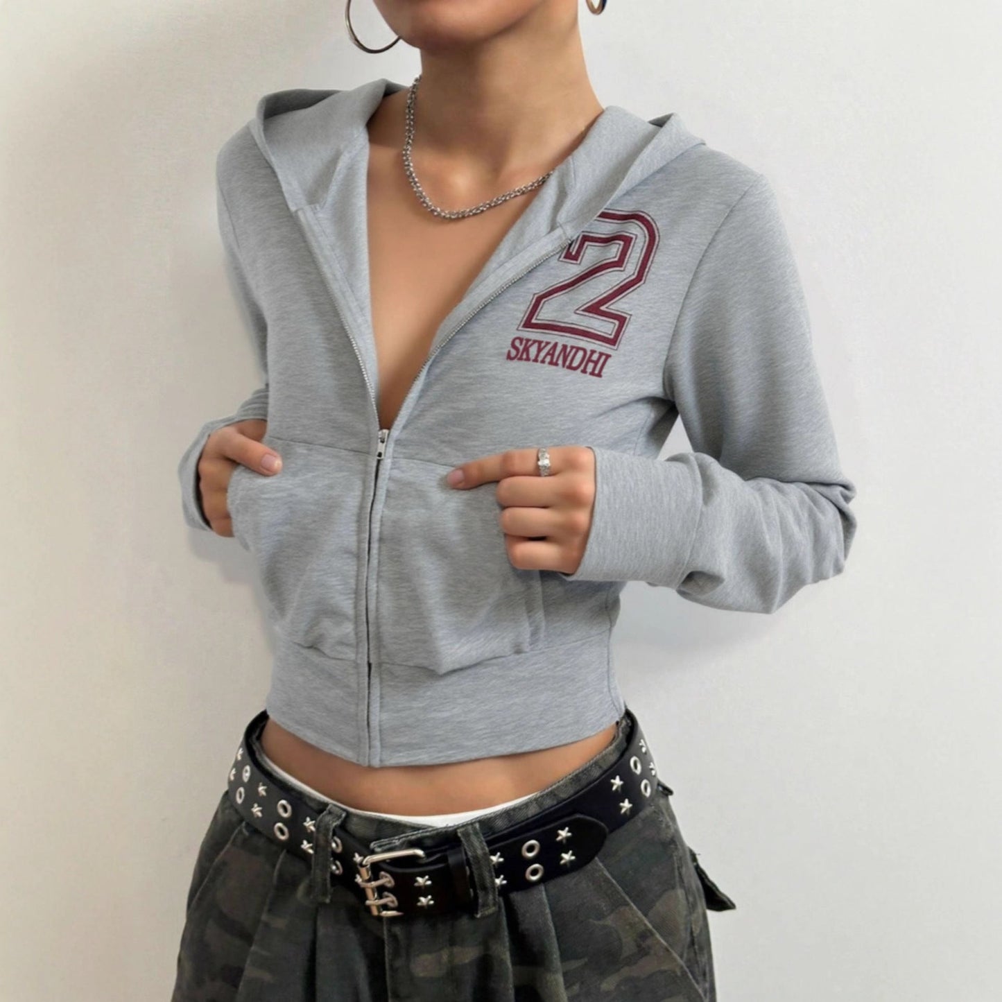 Damen Cropped Kapuzenjacke Reißverschluss Norvielle