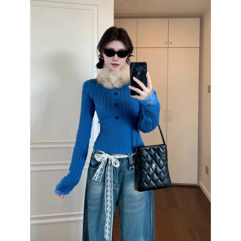 Damen Strickpullover Zopfmuster Spitzenärmel Norvielle