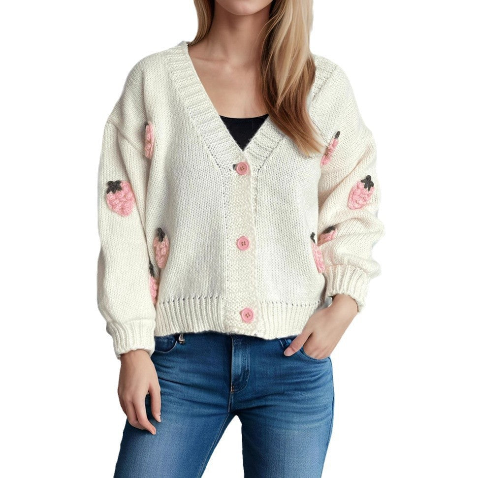 Damen Strickjacke Erdbeermotiv Große Knöpfe