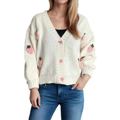 Damen Strickjacke Erdbeermotiv Große Knöpfe