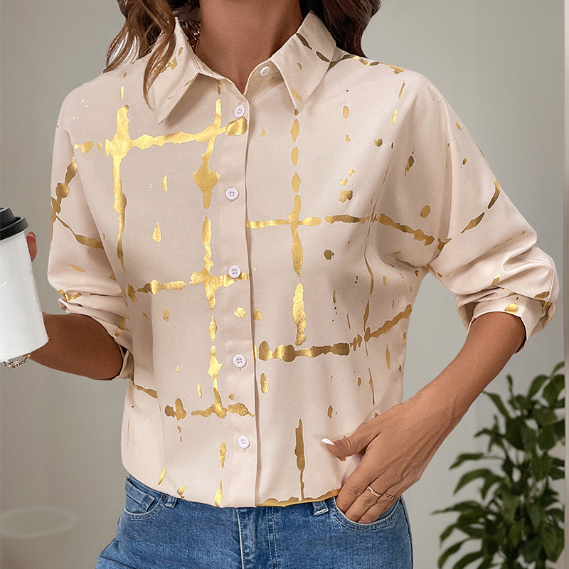 Damen Bluse Elegantes Goldmuster Langer Ärmel - Norvielle