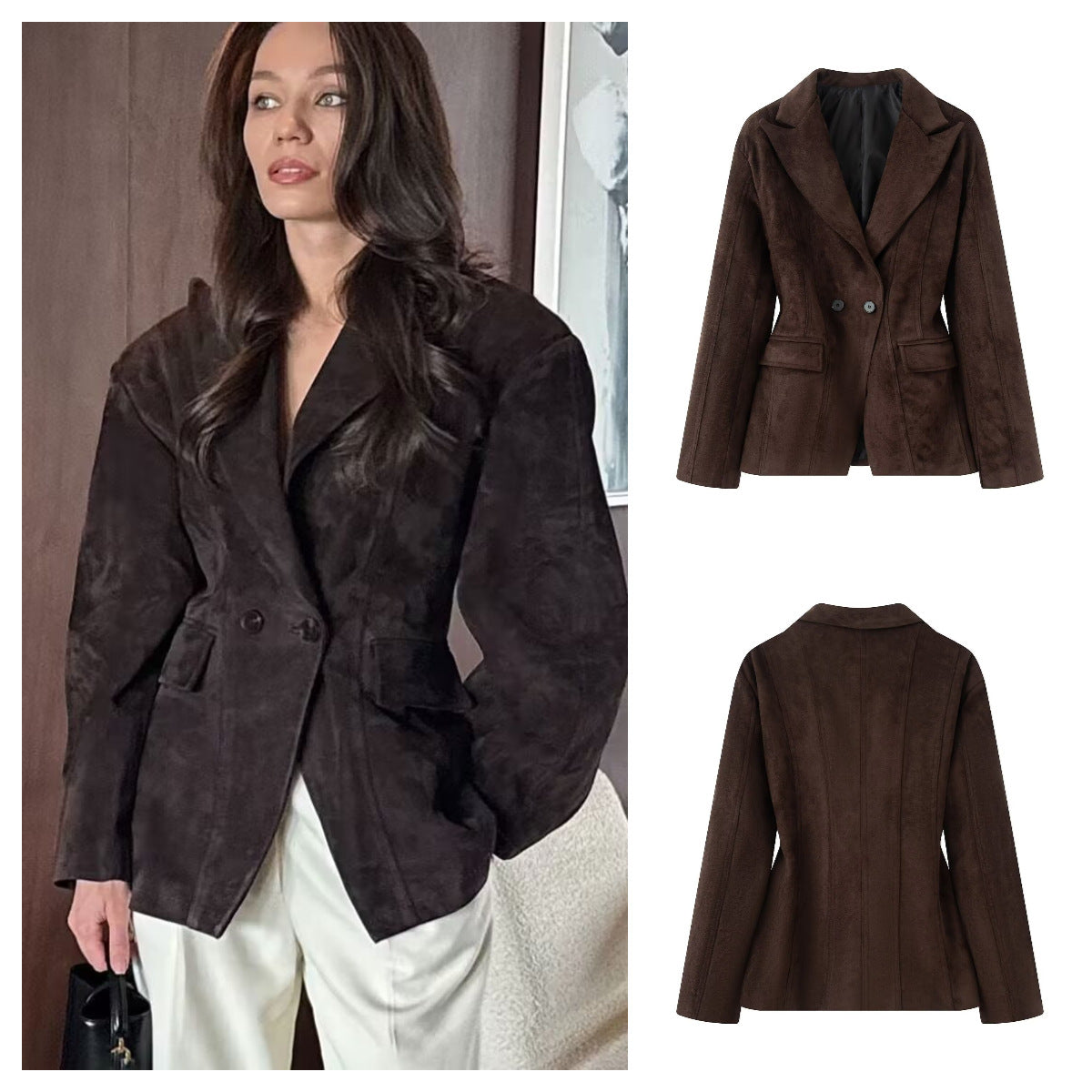 Damen Blazerjacke Wildleder-Look Elegant Schwarz - Norvielle