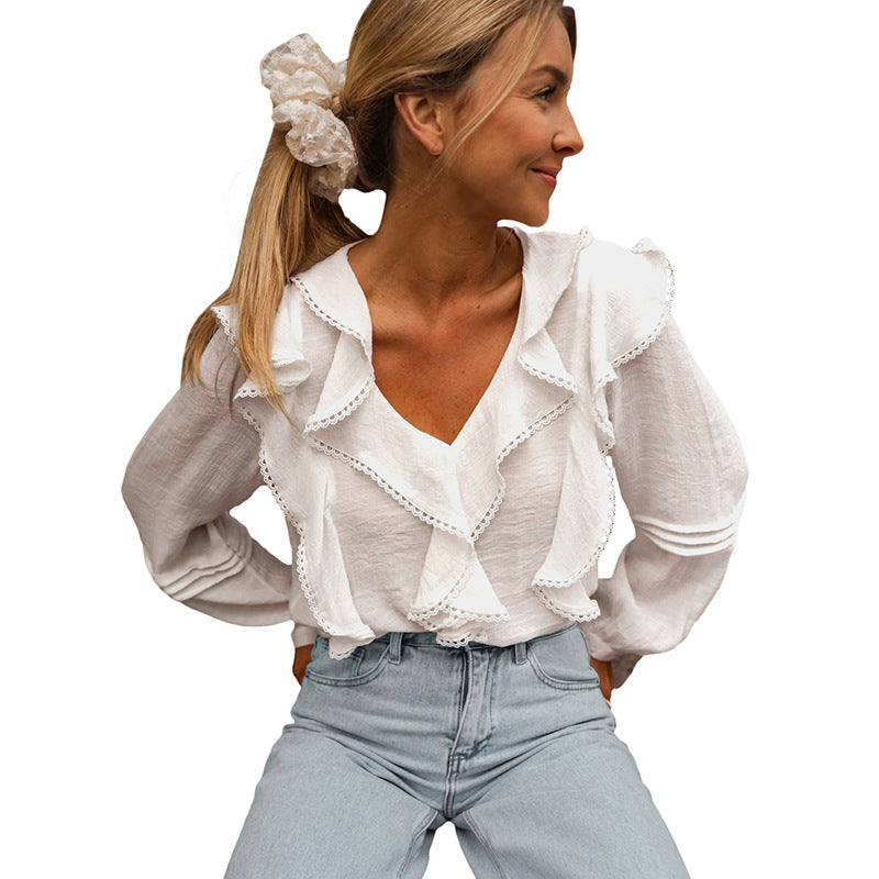 Damen Bluse Rüschendetails V-Ausschnitt Elegantes Design Norvielle