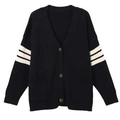 Damen Strickcardigan Lässig Mit Taschen Kontraststreifen