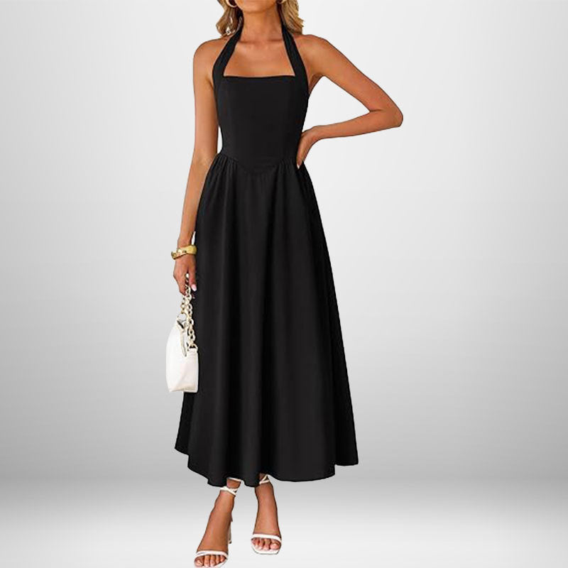 Damen Maxikleid Schulterfreies Halterneck Fließender Rock