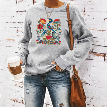 Damen Sweatshirt Florales Vogeldesign Lässiger Schnitt Norvielle