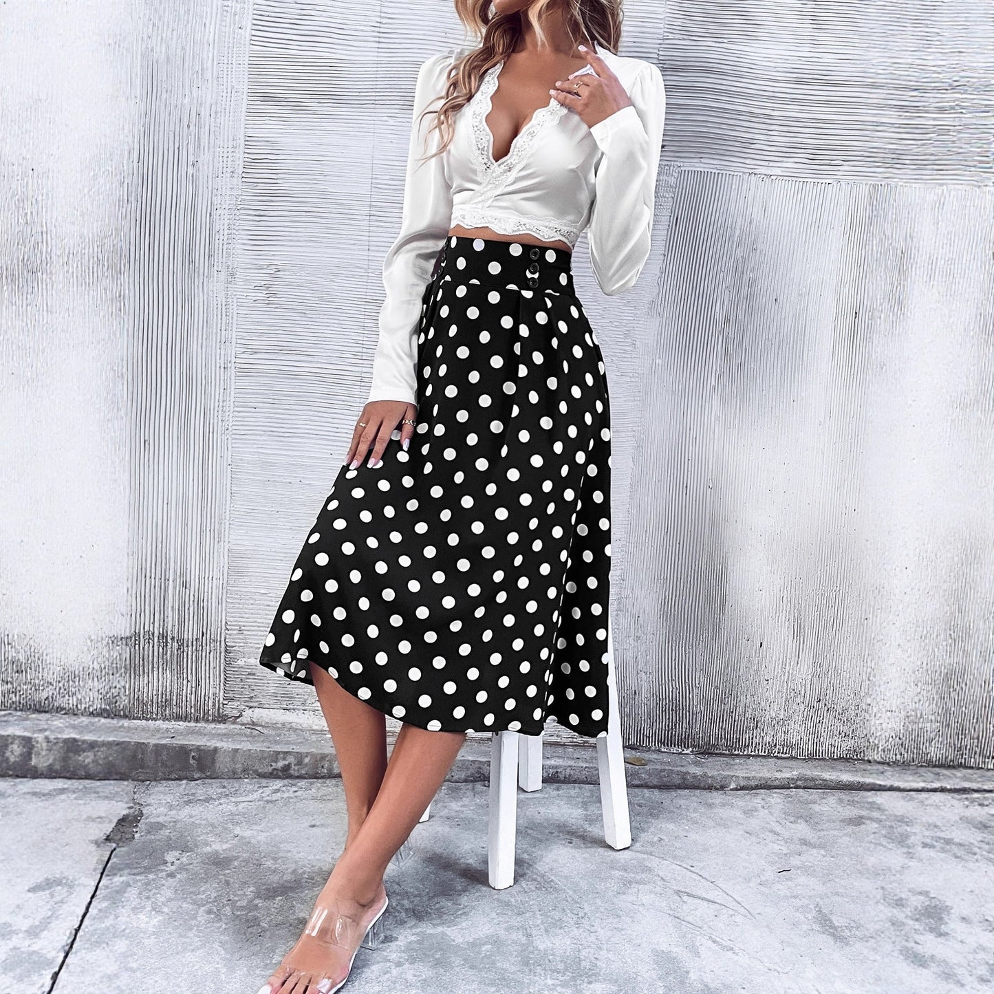 Damen Midirock Punkte-Design Hochtailliert