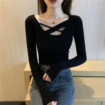 Damen Langarmbody Modernes Kreuzdesign Weiß