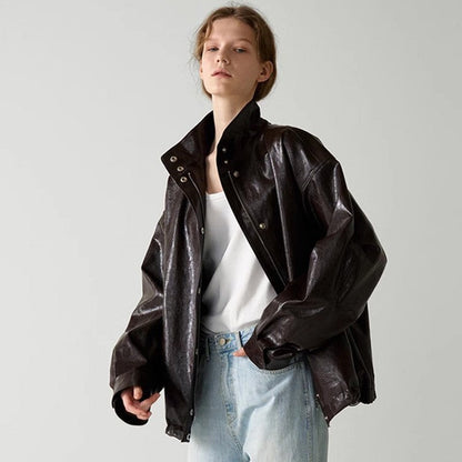 Damen Lederjacke Oversized mit hohem Kragen