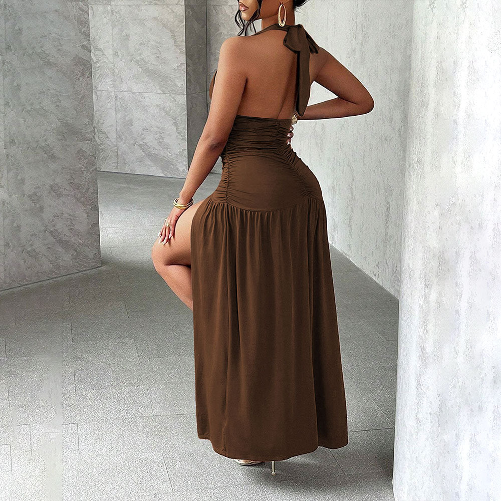 Damen Maxikleid V-Ausschnitt Seidenkleid