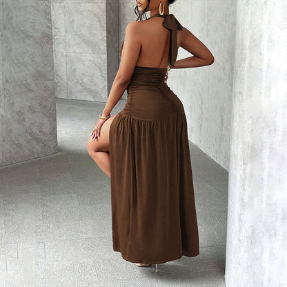 Damen Maxikleid V-Ausschnitt Seidenkleid