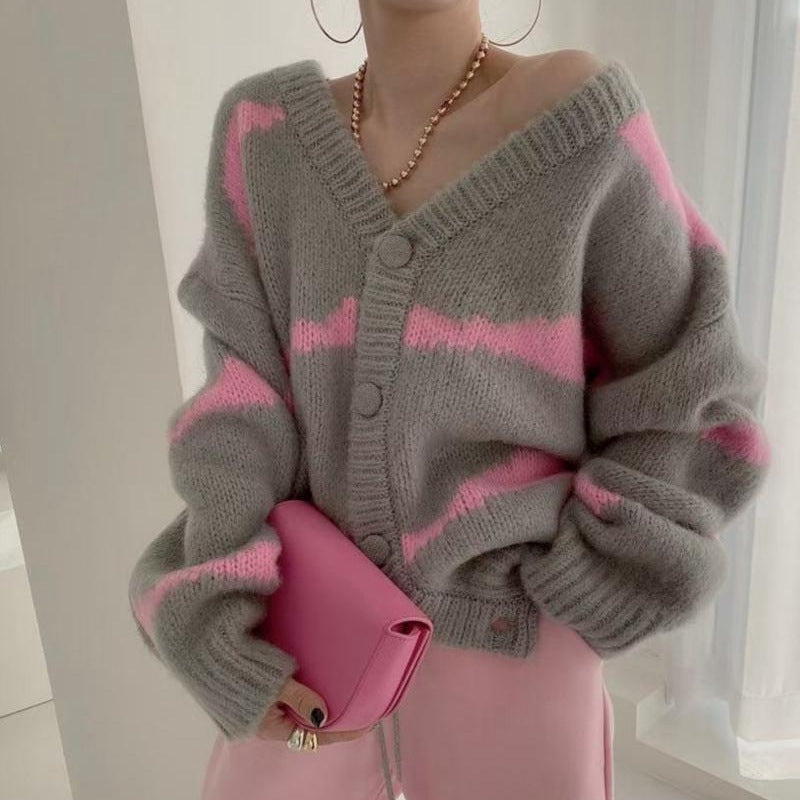 Damen Strickcardigan V-Ausschnitt Auffällige Knöpfe Beige - Norvielle
