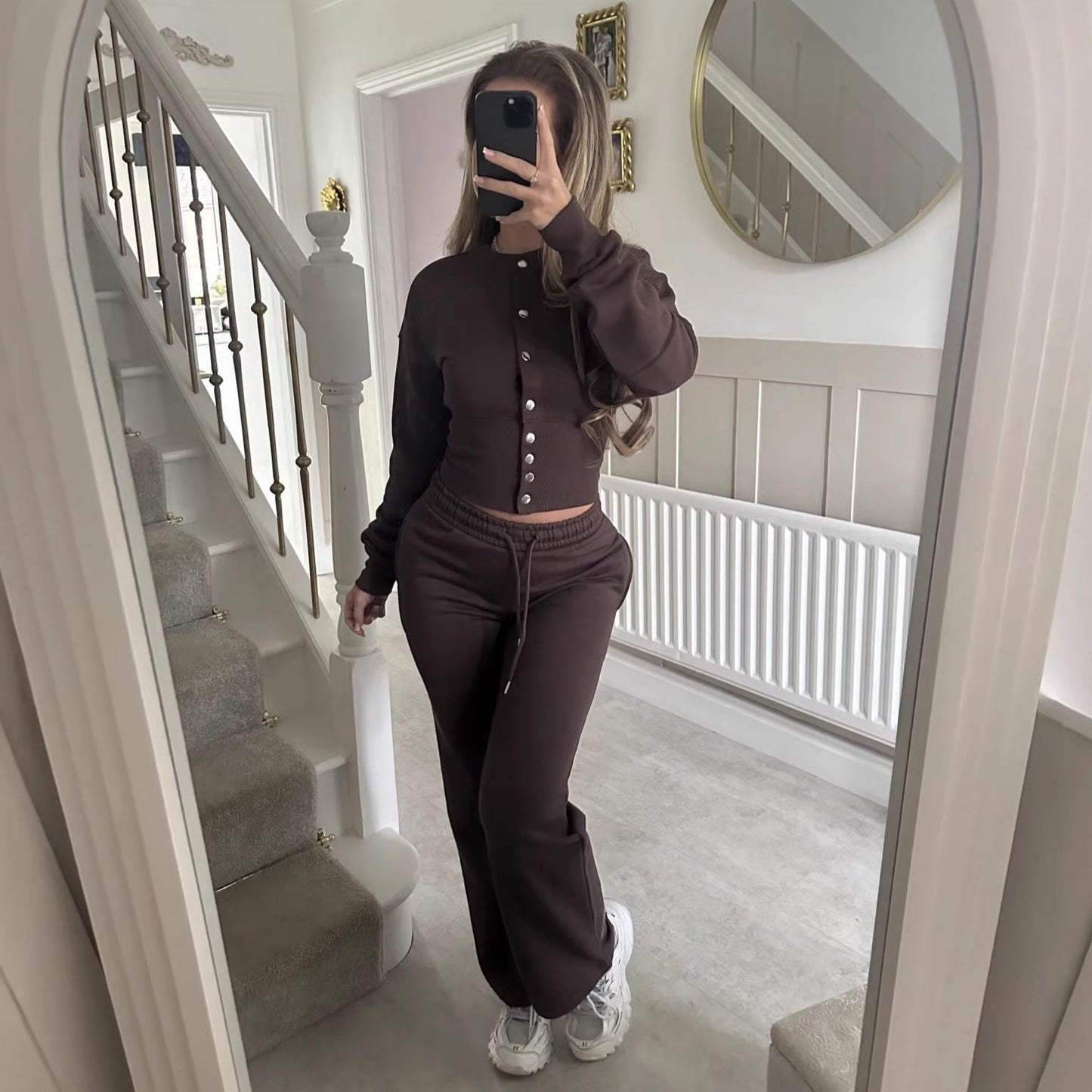 Damen Sweat-Kombi Elastischer Bund Mit Knöpfen Beige