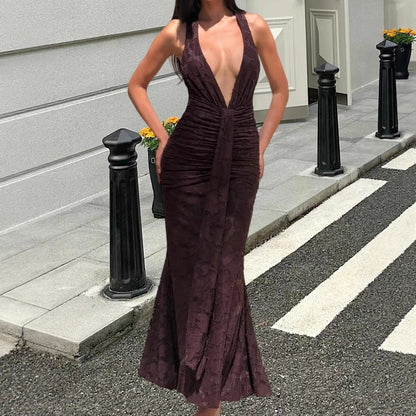Damen Maxikleid mit V-Ausschnitt Gerafftes Design Norvielle