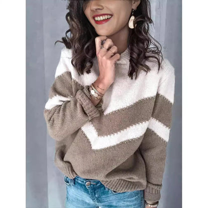 Damen Strickpullover V-Ausschnitt Kontrast Chevrondesign - Norvielle