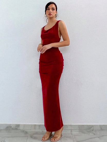 Damen Maxikleid Eleganter Wasserfallausschnitt Rüschen