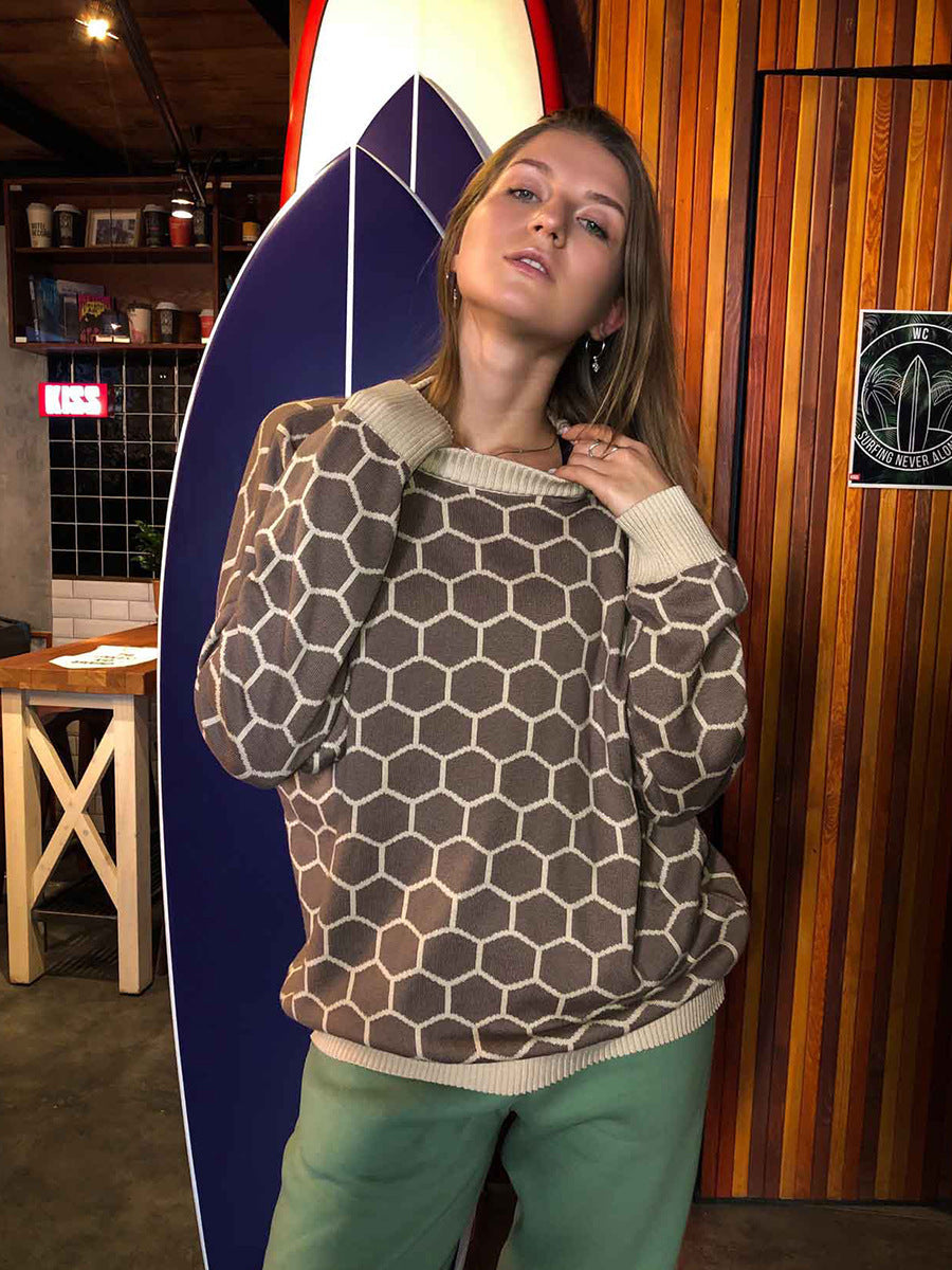 Damen Sweatshirt Gemusterter Wabenmuster Locker Norvielle