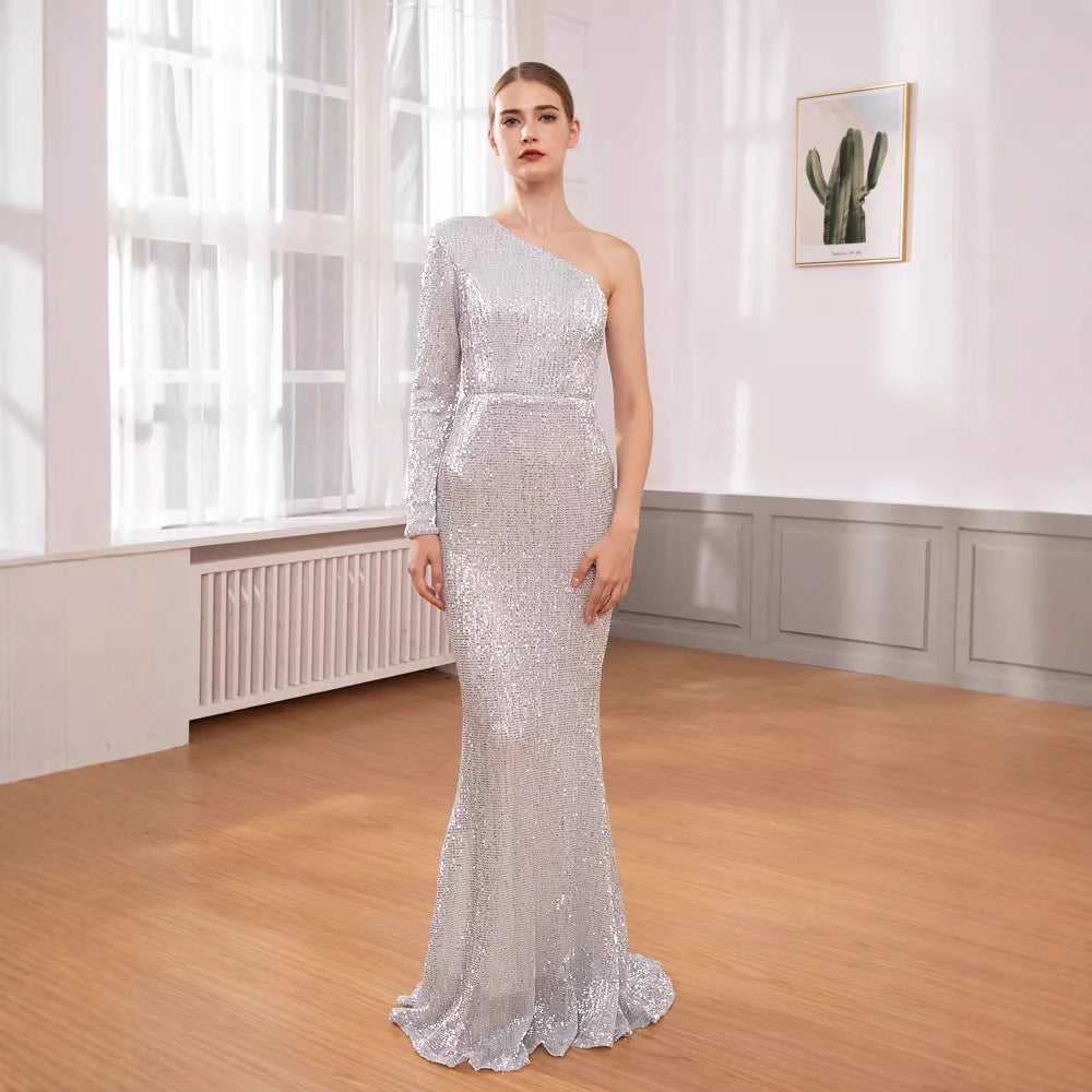 Damen Abendkleid Asymmetrischer Schnitt Glitzernd