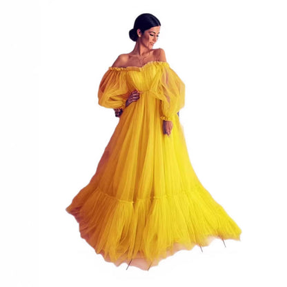 Damen Abendkleid Tüll Schulterfrei Voluminöse Ärmel Norvielle