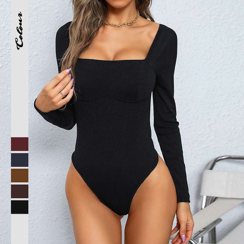 Damen Langarmshirt Figurbetont Quadratischer Ausschnitt Norvielle - Norvielle