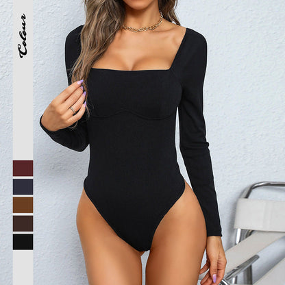 Damen Langarmshirt Figurbetont Quadratischer Ausschnitt Norvielle - Norvielle