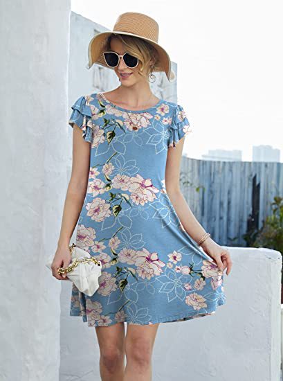Damen Sommerkleid Blumenmuster Rüschendetails schwingender Rock