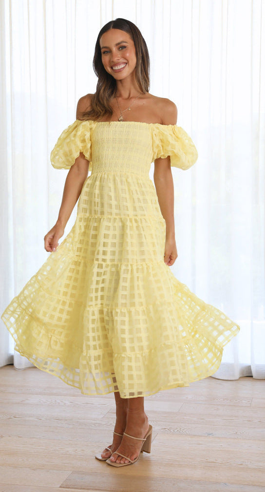 Damen Maxikleid Luftige Puffärmel Gerafftes Oberteil Norvielle