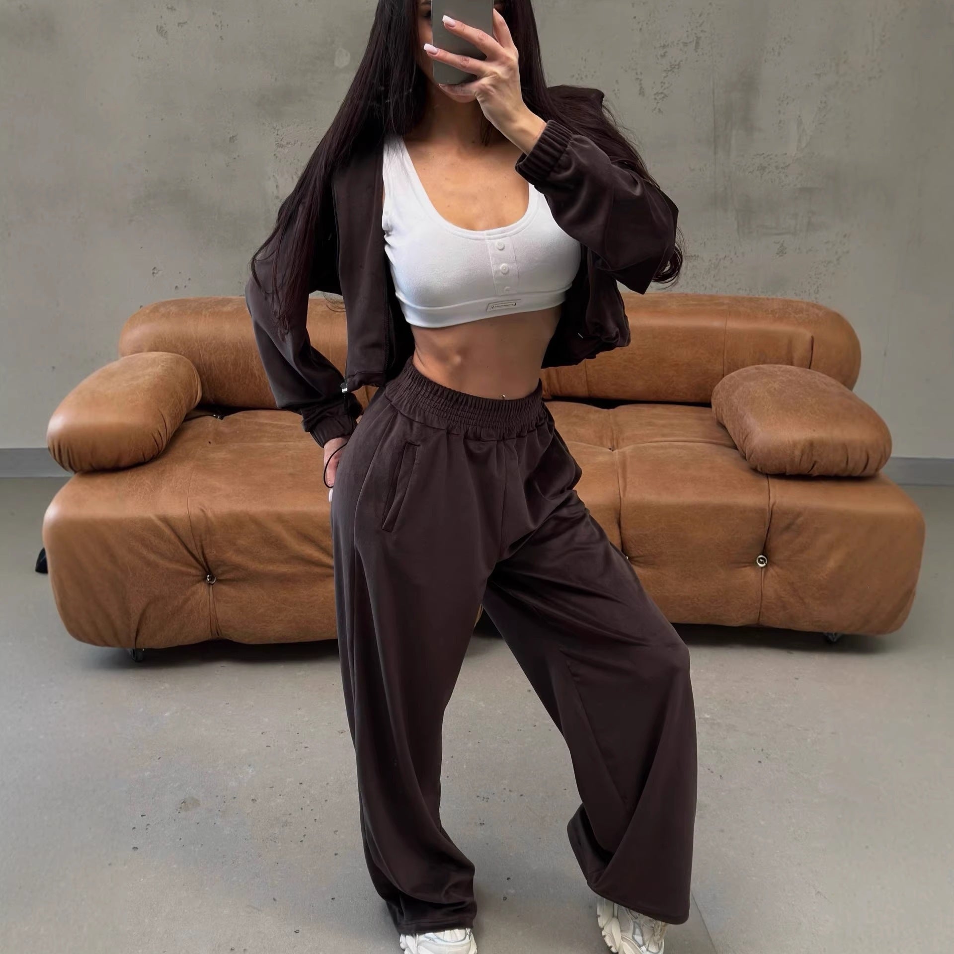 Damen Velours Jogginganzug Kurzärmelig Weite Beine Schwarz - Norvielle