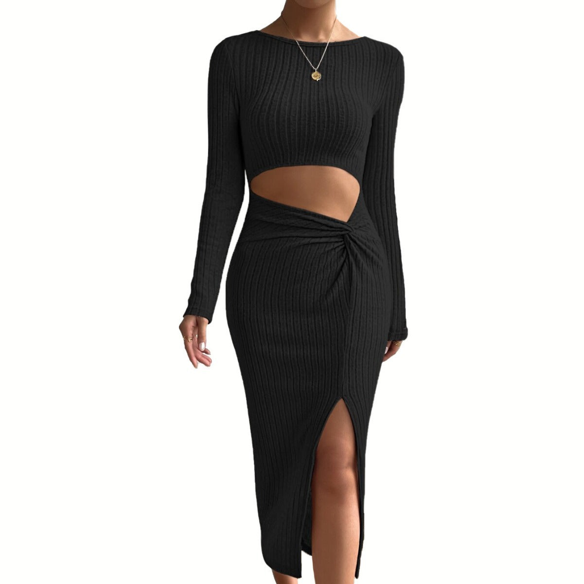 Damen Midi-Kleid Cut-Out-Details Wickel-Design Norvielle