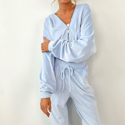Damen Velours Jogginganzug mit Kapuze und Kordelzug