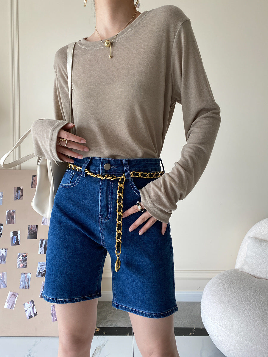 Damen Jeansshorts Hochbund Mit Kettengürtel