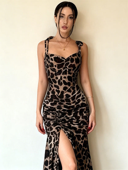 Damen Maxikleid Leopardenmuster Seitenschlitz