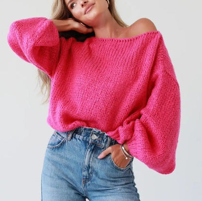 Damen Strickpullover Lässig Voluminöse Ärmel Offene Schulter Beige