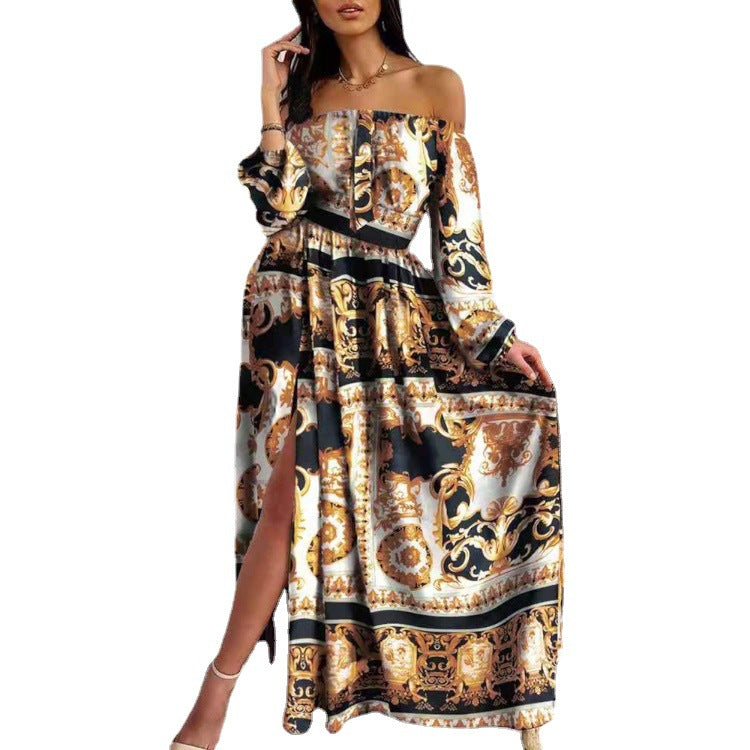 Damen Maxikleid Offene Schulter Barockmuster Norvielle