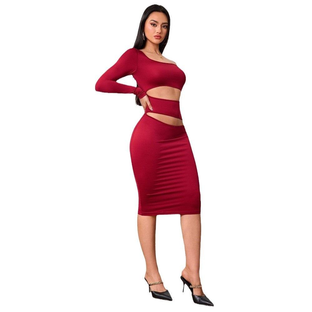 Damen Cut-Out-Midi-Kleid Asymmetrisch Langärmlig Norvielle