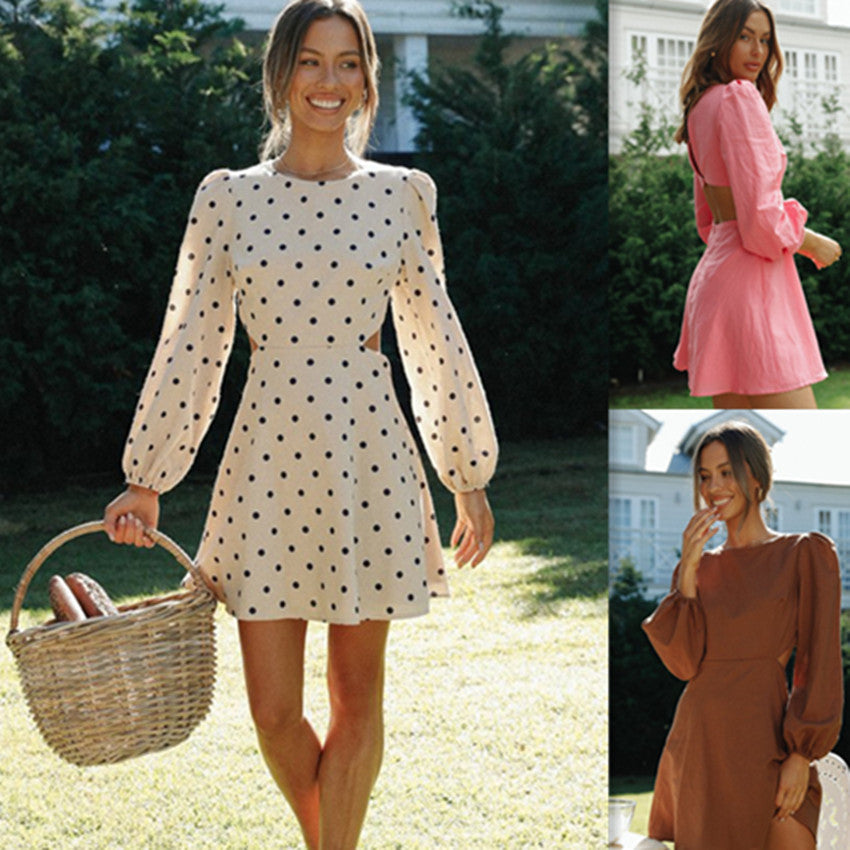 Damen Minikleid mit Polka-Dots und Voluminösen Ärmeln Tailliert - Norvielle