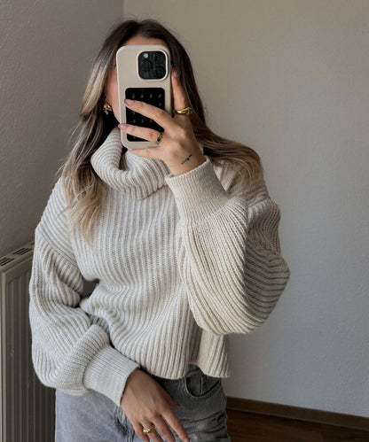 Damen Grobstrickpullover Hochkragen Weite Ärmel Norvielle
