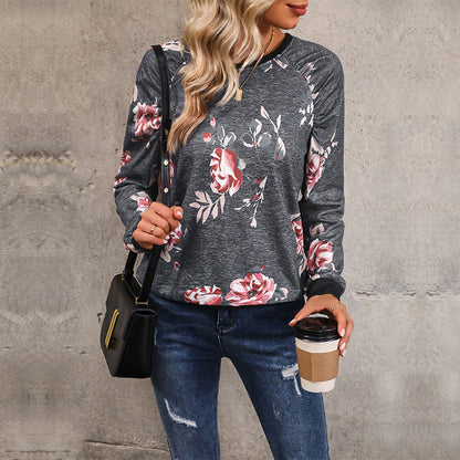 Damen Sweatshirt Blumenmuster Knöpfe Norvielle