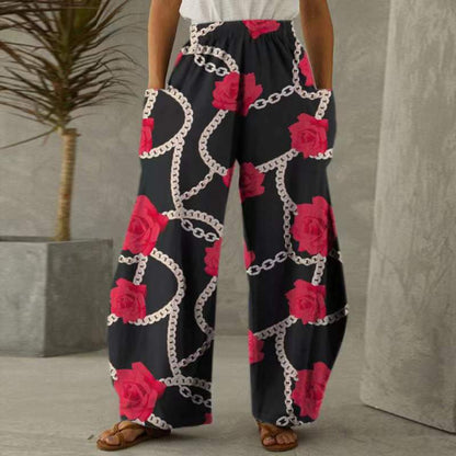 Damen Weite Blumenhosen Mit Taschen Elastischer Bund